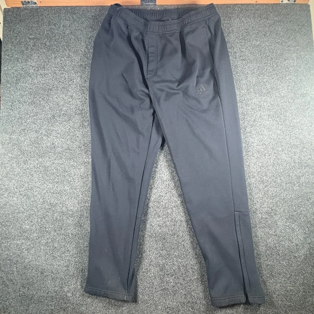 Adidas Sweatpants Mens 34x32.5 Dark Blue Logo Fleece Lined Tapered Ankle Zipper‎